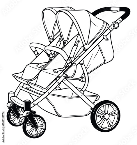 A sleek sidebyside double stroller with individual canopies and an underseat storage basket providing practical solutions for parents transporting two young children.