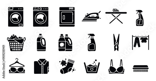 Comprehensive black silhouette vector icons showcasing laundry and garment care equipment, perfect for modern household service applications, dry cleaning businesses, or domestic chore