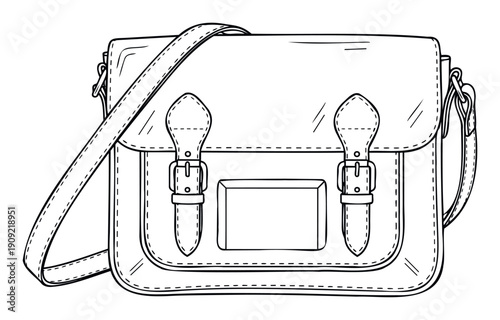 Hand drawn outline graphic of a classic satchel bag featuring a shoulder strap and buckled front flap, perfect for educational materials, apparel printing, or simple decorative uses.