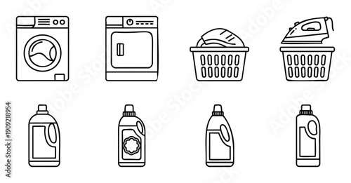 Essential laundry service symbols including washing machine dryer laundry basket detergent bottles and iron for household cleaning applications and guides
