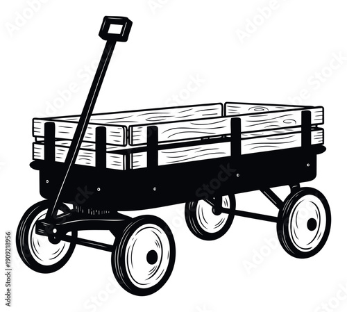 Classic wooden wagon with a pull handle and sturdy wheels, perfect for childrens playtime, gardening tasks, or oldfashioned utility transportation concepts.