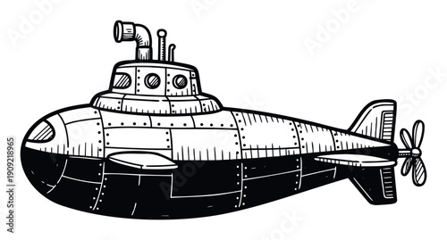 Classic hand drawn submarine navigating underwater for deep sea exploration and maritime adventure graphics perfect for childrens books or educational projects.