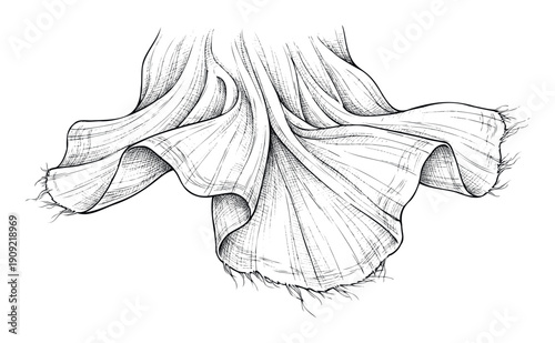 Black and white ink drawing illustrating soft textile material with naturalistic ruffles and unfinished frayed edges suitable for apparel design inspiration or crafting publications