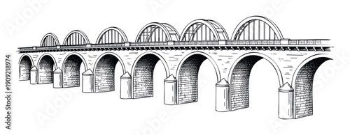 Architectural sketch of a long multispan arch bridge with robust stone piers and an elegant upper support structure, perfect for historical engineering diagrams, infrastructure concept