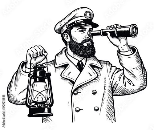A bearded captain holding a vintage lantern and looking through a spyglass, embodying leadership and maritime exploration, suitable for nautical themed designs and adventure publications.