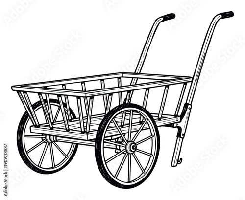 Hand drawn black and white vintage style utility garden cart perfect for agricultural themes, landscaping projects, and decorative elements in various print and digital media applications