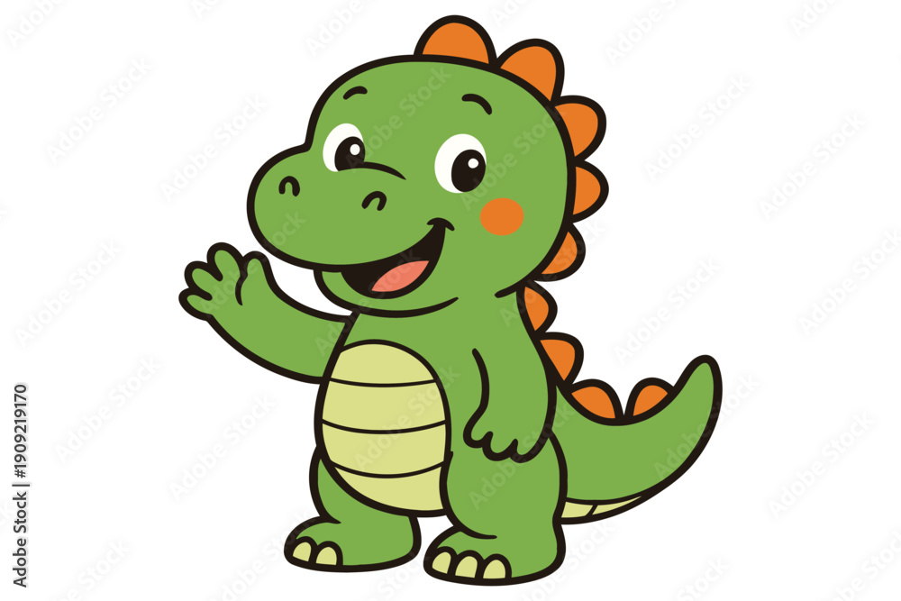 Obraz premium Friendly cartoon dinosaur waving with a cheerful expression and a heart on its cheek