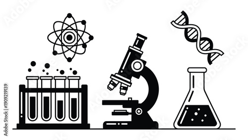 Scientific laboratory equipment and molecular structures in black and white isolated on white background, Vector