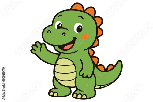 Friendly cartoon dinosaur waving with a cheerful expression and a heart on its cheek