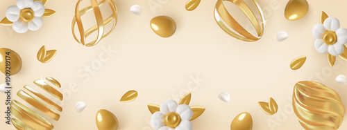 Easter background with gold 3d eggs and spring flowers layout and copy space for text. Vector illustration.