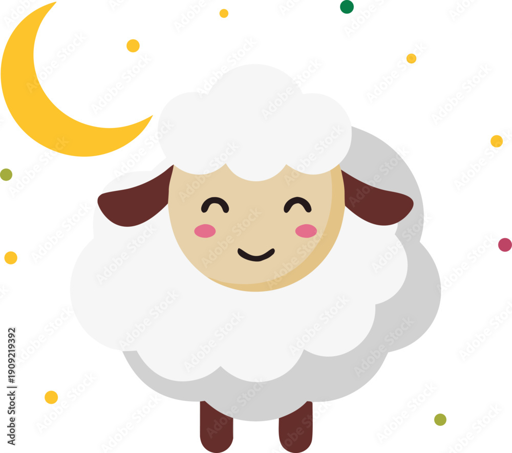 Fototapeta premium Happy sheep with moon isolated on transparent background, Vector, illustration