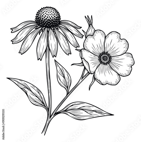 Black and white botanical outline of coneflower and wild rose blooming plants perfect for herbal medicine packaging, natural cosmetic labels, or floral themed stationery