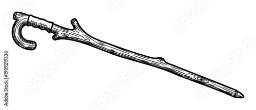 Rustic wooden walking stick for hiking and outdoor adventures, perfect for travel blogs, nature documentaries, or historical themed graphics.