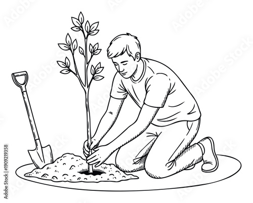 Man kneeling in a garden planting a small tree sapling into the soil, demonstrating environmental responsibility and sustainable living for nature conservation campaigns and educational