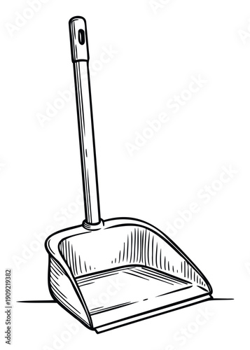 A utility dustpan with an upright handle captured in a bold black and white outline drawing style, perfect for home maintenance content and cleaning service promotions