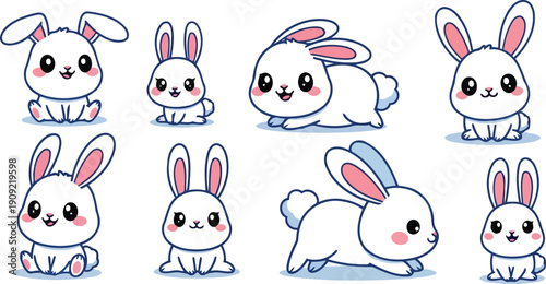 Cute white rabbit cartoon character set vector illustration collection