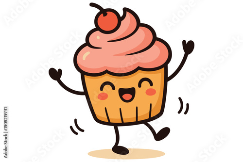A cheerful cupcake character dancing with arms raised and a cheerful expression