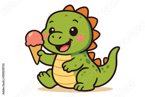 A cheerful dinosaur character enjoying a colorful ice cream treat on a sunny day