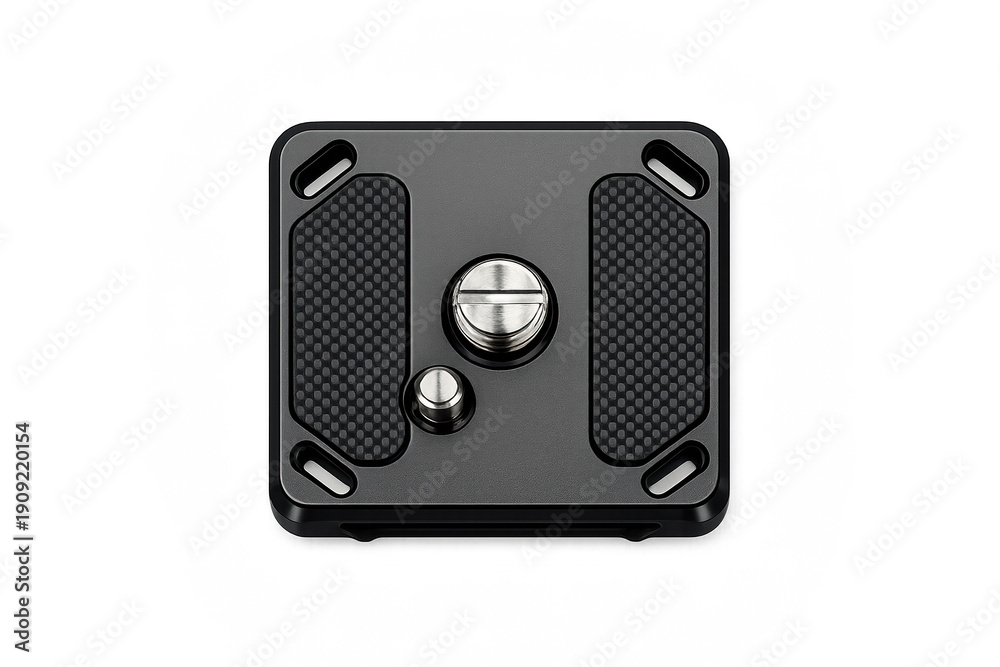 Fototapeta premium Camera tripod quick release plate on gray background with carbon texture