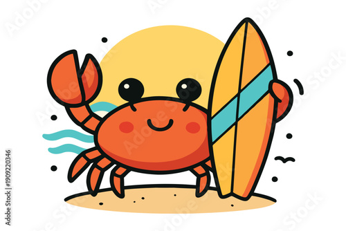 A cheerful crab holding a surfboard ready for a beach adventure