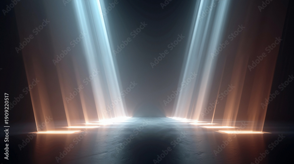 custom made wallpaper toronto digitalV-shaped upward light beams on a dark stage environment with central empty space, featuring a minimal futuristic look