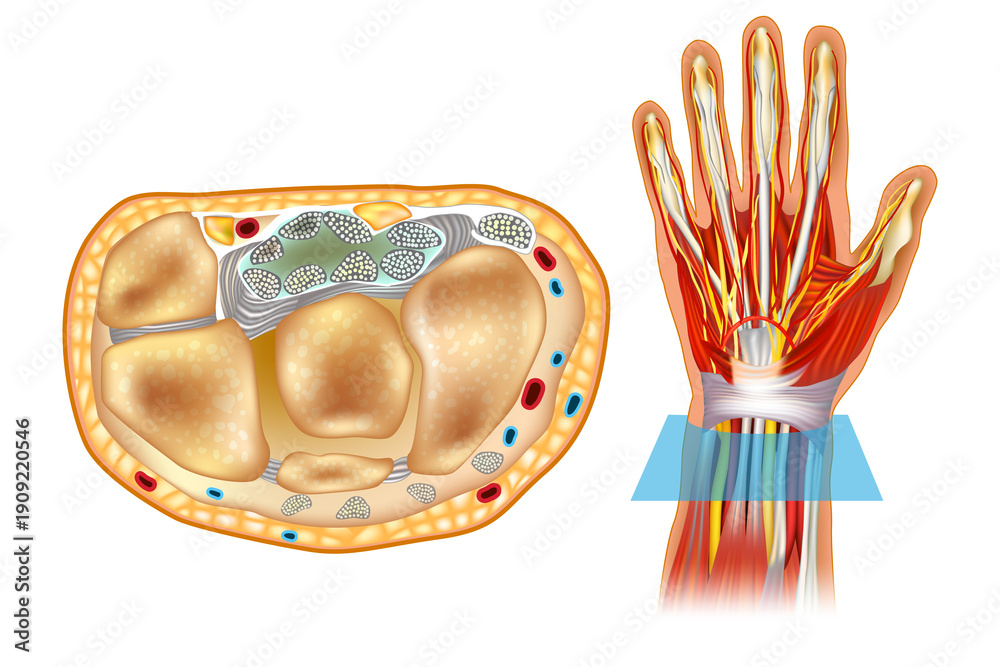 Fototapeta premium Medical illustration of the human hand and wrist anatomy. Cross section of the wrist with carpal bones, flexor tendons, blood vessels, and the median nerve within the carpal tunnel. 