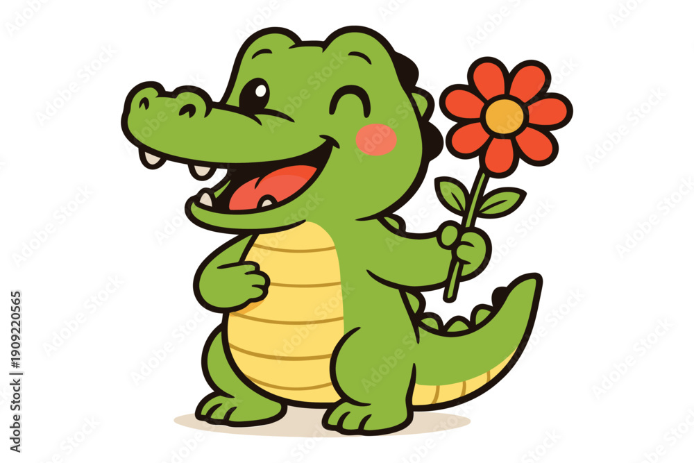 Obraz premium A cheerful cartoon crocodile holding a vibrant flower with a big smile