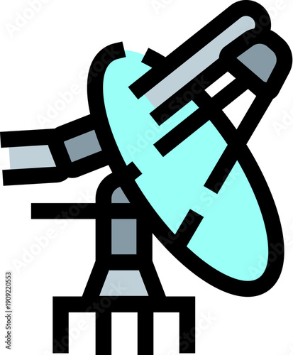 Satellite dish sending or receiving global telecommunication signals, representing broadband connectivity, internet access, data transfer, and worldwide broadcasting technology