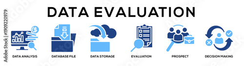 Data Evaluation web banner icon vector illustration concept for business with icon of Data Analysis, Database File, Data Storage, Evaluation, Prospect, Decision.