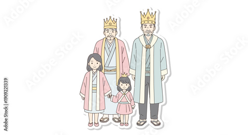 Royal family in crowns - a king, queen, and two young princesses