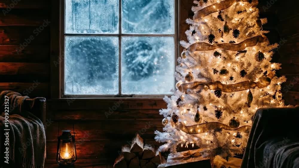 custom made wallpaper toronto digitalwhite decorated christmas tree. A cozy cabin interior featuring a beautifully decorated Christmas tree with twinkling lights beside a frosty window, evoking a warm, festive atmosphere
