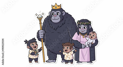 Cute Gorilla Family With King And Queen Wearing Crowns And Holding Baby