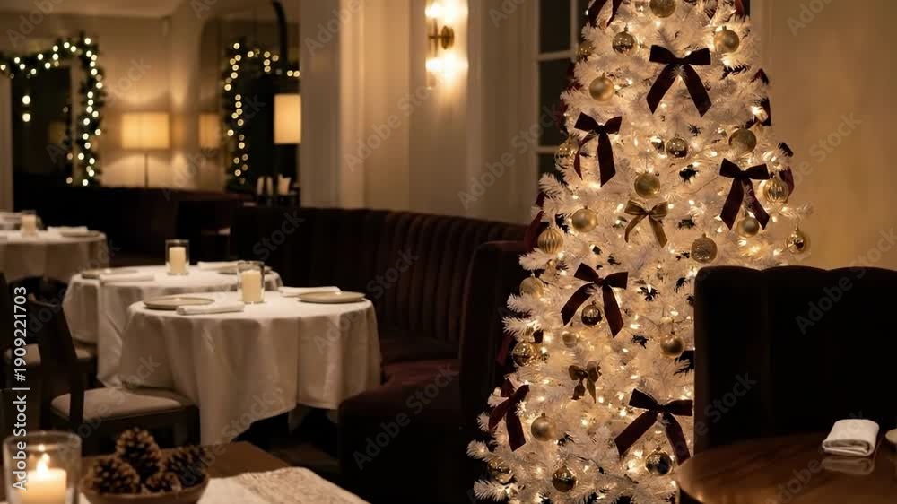 custom made wallpaper toronto digitalwhite decorated christmas tree. A cozy restaurant decorated for the holidays features a white Christmas tree adorned with gold ornaments and ribbons, creating a warm and festive atmosphere
