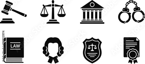 Law and justice icon set featuring gavel scales law book and more