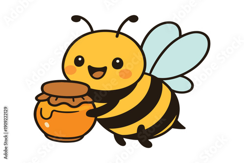 A cheerful cartoon bee holding a small pot of honey with wings spread wide.