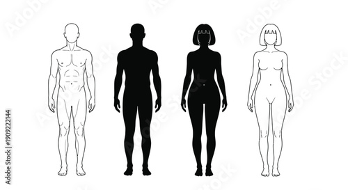 A collection of stylized male and female human body outlines and black silhouettes representing anatomy and diverse forms