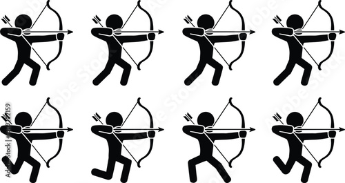 Silhouette illustration of archers aiming bows and arrows in dynamic standing, running, and lunging stances with quivers for sports, training, competition, and artistic design