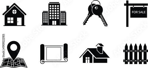 Icon set for real estate and property concepts including houses keys and signs