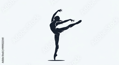 Ballet dancer in dynamic pose standing on one leg with arms extended black silhouette on white background conveying elegance and movement in dance