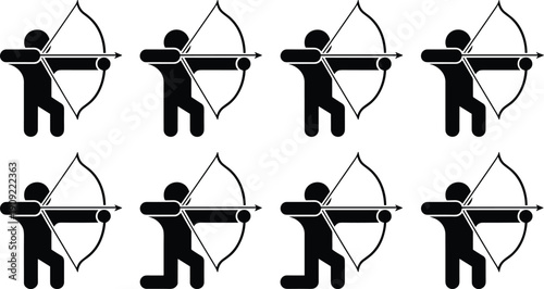 Silhouette illustration of archers aiming bows and arrows in standing and kneeling poses, arranged in grid layout for sports, training, competition, and artistic design