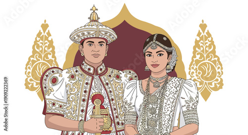 Sri Lankan bride and groom in traditional kandyan wedding attire