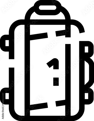 Black outline icon showing a hard shell luggage bag with an extendable handle and side handles, representing concepts of traveling, tourism, and holiday expeditions