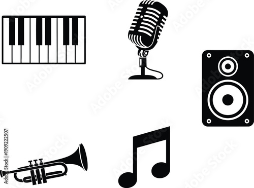 Music icon set for designers and musicians with piano microphone speaker trumpet and note elements