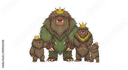 Illustration of a family of bears wearing crowns, representing royalty and strength