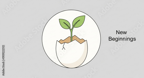 New beginnings concept with green sprout emerging from cracked eggshell on gray background