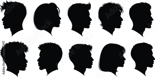 Black silhouettes of ten people with different hairstyles profile