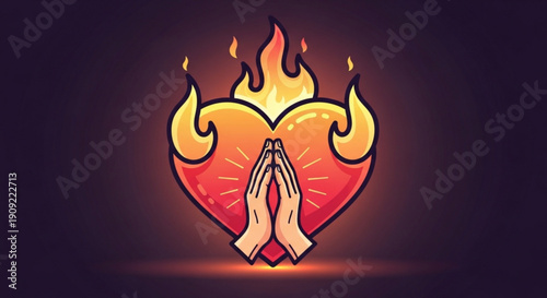Praying hands in front of a flaming heart with orange and yellow hues on a dark background symbolizing passion and devotion in a graphic illustration