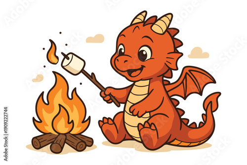 A cute dragon enjoying a marshmallow over a cozy campfire