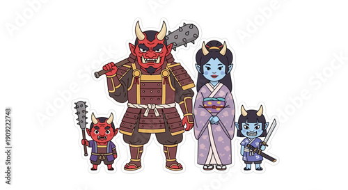 Japanese Oni Demons Family Illustration - Cartoon Characters on White Background