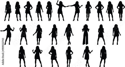 Black silhouettes of women in various poses on white background